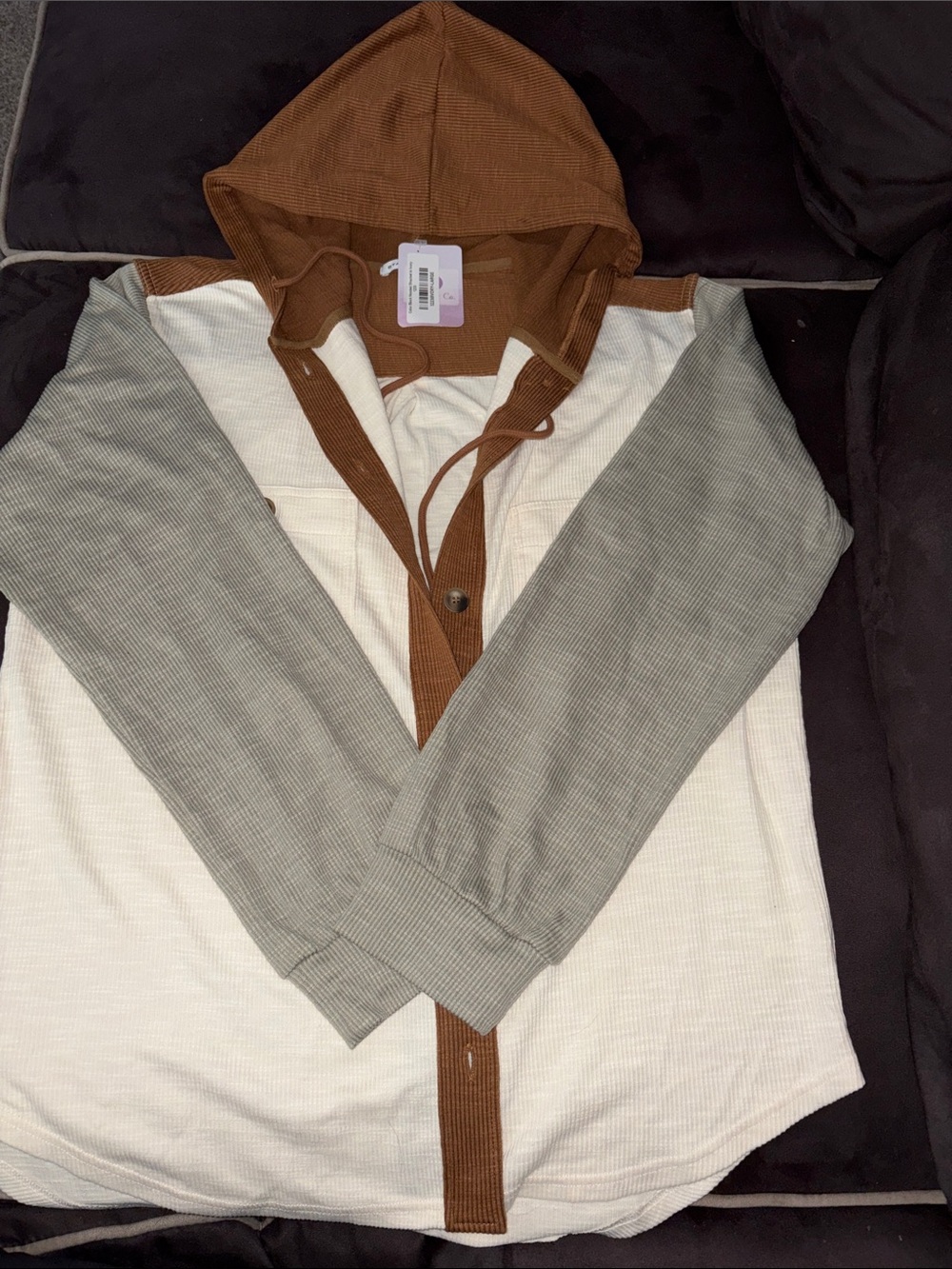 NWT-Staccato Hooded Button-Front Top in Brown, Cream & Light Olive